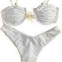 OYOANGLE Women's 2 Piece Tie Back Bikini Set Metal Decor Bathing Suit Ruched Underwire Swimsuit Swimwear (M)
