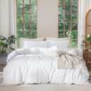 MooMee Bedding Duvet Cover Set 100% Washed Cotton Linen Like Textured Breathable Durable Soft Comfy (Solid Bright White, Queen 90"x90")
