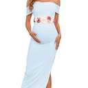 Maternity Mesh Split Dress Off The Shoulder Ruched Bodycon Pregnancy Dresses Baby Shower Photoshoot, Without Belt, Light Blue, Large