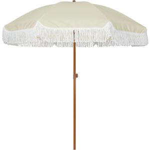 6.5ft Patio Umbrella with Fringe Outdoor Tassel Umbrella UPF50+ Premium Steel Pole and Ribs Push Button Tilt, Light Beige