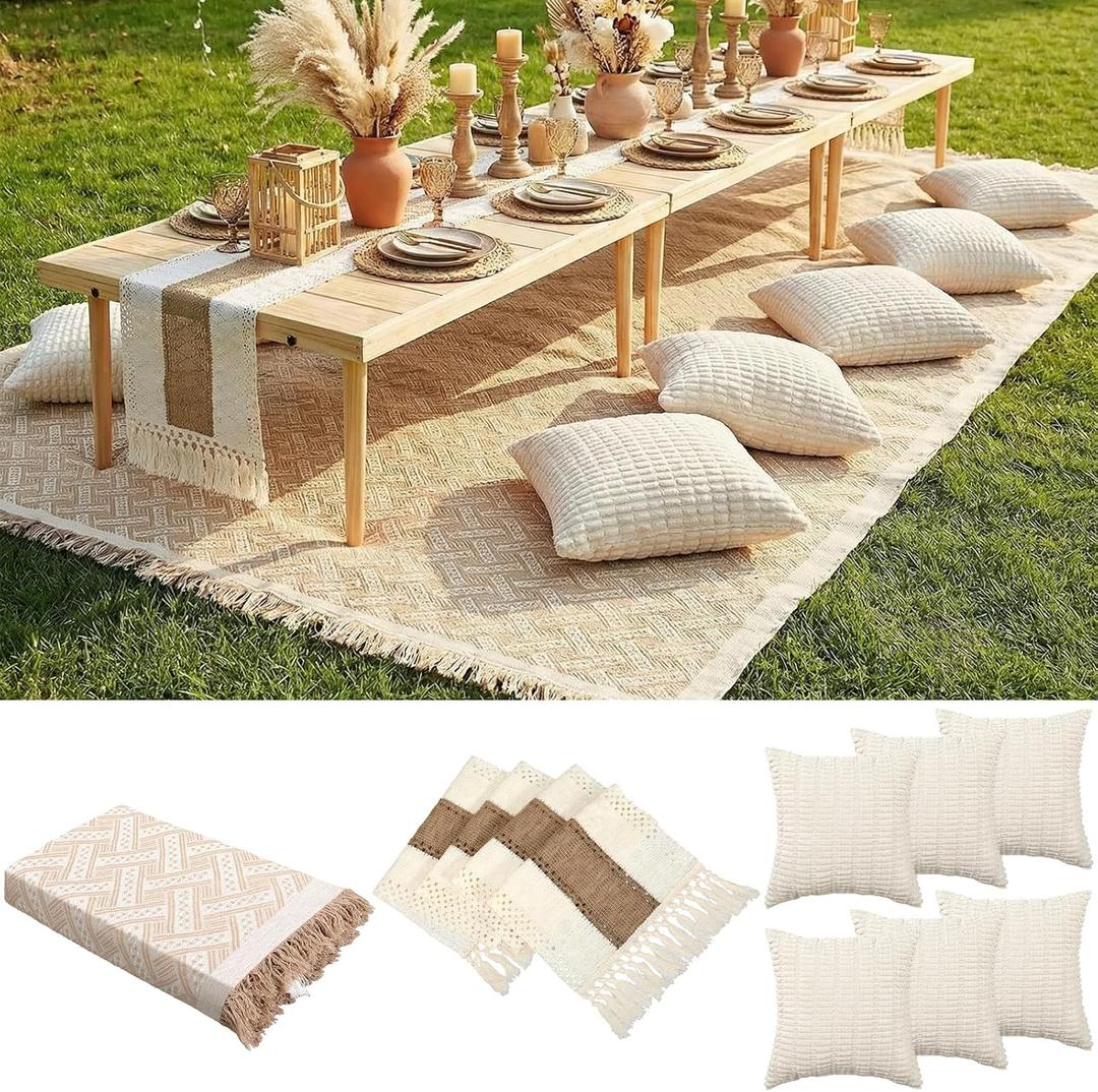 Beeveer Extra Large Outdoor Boho Picnic Blanket 150'' X 71'' Beige White Table Runner 6 Throw Pillow Cover Woven Cotton Yarn Oversize Beach Blanket Washable for Picnic Camp Wedding (Fit 10-12 People 150'' X 71'')