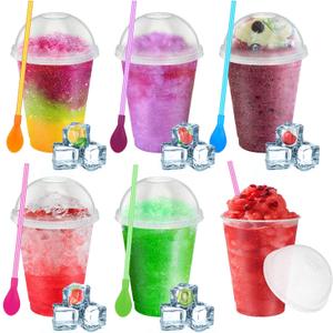 6 Set Slushie Cups with Dome Lids and Straws Detachable Spoon Straws Reusable Plastic Iced Coffee Cups Smoothie Tumbler for Birthdays Summer Party Supplies(Transparent White,16 oz)