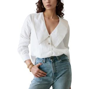 Daacee Women's Big Collar Cotton Linen Blouses Dressy Casual Long Sleeve V Neck Button Down Shirts Ladies Tops(0780-White-M)