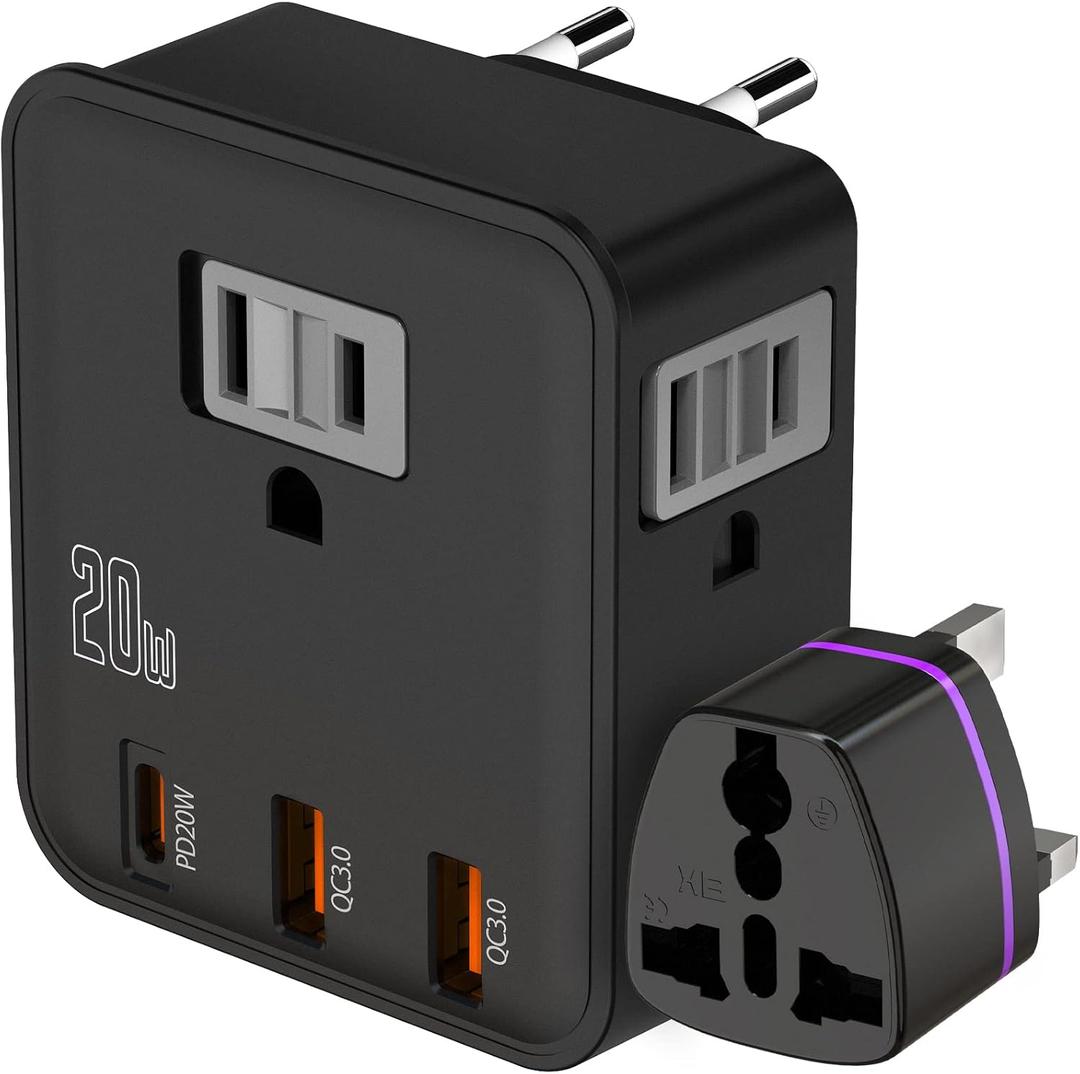 European Travel Plug Adapter for EU & UK, 20W PD USB-C, US to Europe Power Adaptor 3 Outlets 3 USB, American to Ireland Italy France Travel Essentials Accessories