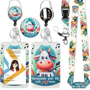 HASFINE Harmony Cow Guitar Badge Holder with Breakaway Lanyard & Retractable Badge Reel with Heavy Duty Carabiner，360°Rotation Clip & Key Ring, Funny ID Card Holder for Office Work, Teacher, Student