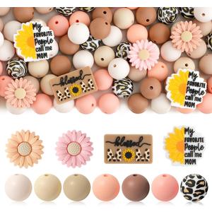 Kaciola 90 PCS Mom Silicone Beads for Keychain Making, Sunflowers Shape 15mm Silicone Focal Beads Bulk for Pens Jewelry Crafts DIY (Mama)