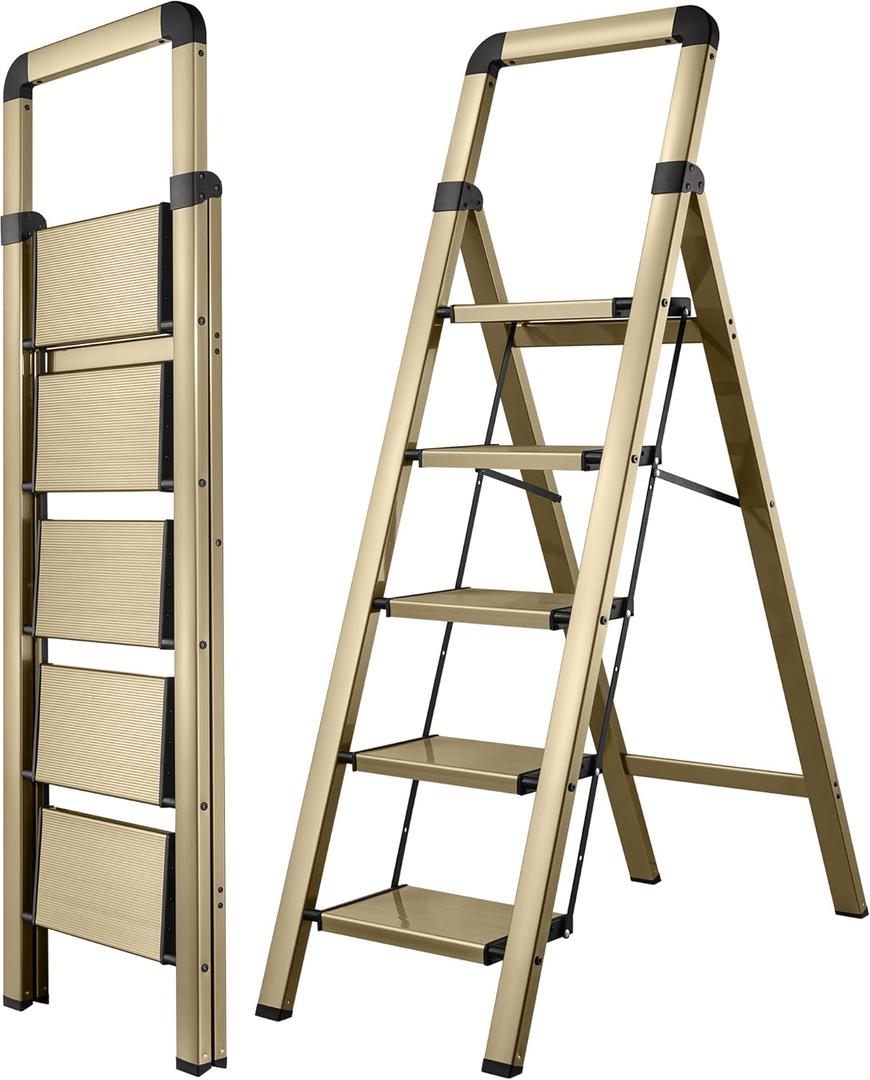 Step Ladder 5-Step Champagne Gold Finish Aluminum Folding Step Ladders,Anti-Slip Max 330 lbs