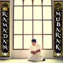 Blulu Ramadan Mubarak Door Banner Ramadan Porch Sign Banner Eid Mubarak Decoration Muslim Hanging Door Decoration for Indoor Outdoor Decor Eid Al-fitr Party Supplies(Black)