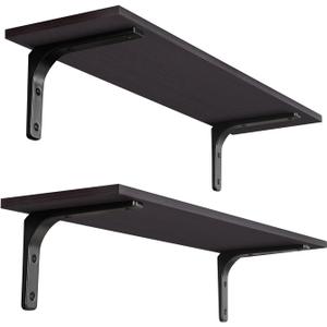 DINZI LVJ Long Wall Shelves, 31.5 Inch Wall Mounted Shelves Set of 2, Easy-to-Install, Floating Storage Ledges with Sturdy Metal Brackets for Living Room, Bathroom, Bedroom, Kitchen, Espresso