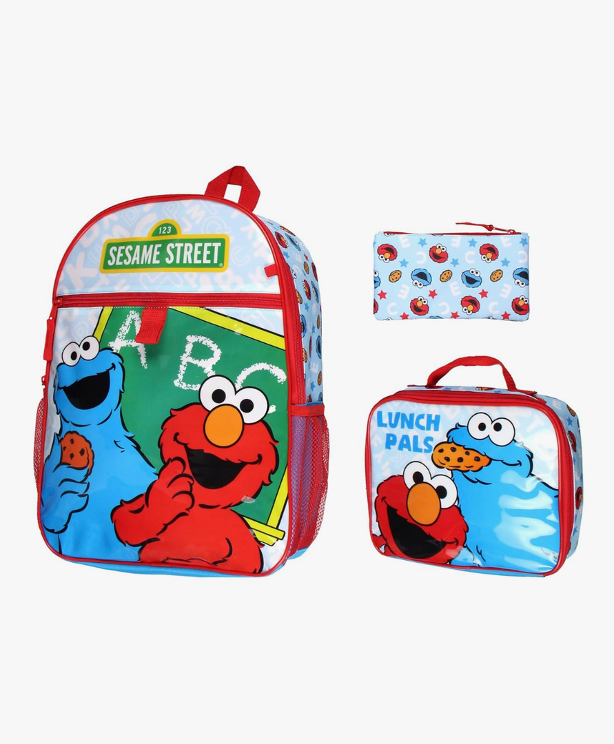 Sesame Street ABC Cookie Monster Elmo 3 PC Backpack Lunch Box Pencil Pouch