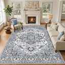 Washable 8x10 Area Rug, Vintage Rugs for Living Room, Blue/Grey | Non-Slip, Stain Resistant, Soft Low Pile Carpet for Bedroom, Dining Room, Nursery, Office, Kid & Pet Friendly Home Decor