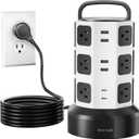 10ft Power Strip Tower JACKYLED Surge Protector Electric Charging Station with 13A 12 Outlets 6 USB Ports Heavy Duty Extension Cord for Home Office Computer Nightstand Laptop Phone White Black