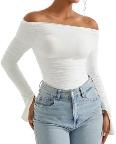 OMKAGI Women Long Sleeve Tops Boat Neck Off Shoulder Shirts Fitted Going Out Y2K Crop Top, XS