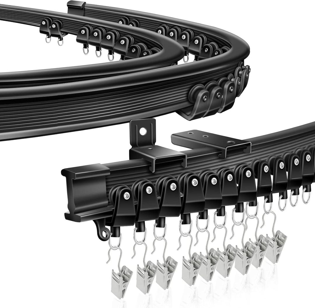 Ceiling Curtain Track, Black Flexible Bendable Curtain Track 12 Ft Curved Curtain Rail Ceiling Wall Mount Sliding Curtain Ceiling Track System Set for Bay Window, Room Divider
