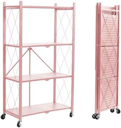 BRIAN & DANY 4-Shelf Foldable Storage Shelves with Wheels, Folding Metal Rack Shelving Unit, Heavy Duty No Assembly Organizer Shelf for Garage, Kitchen, Basement, Pantry, Pink