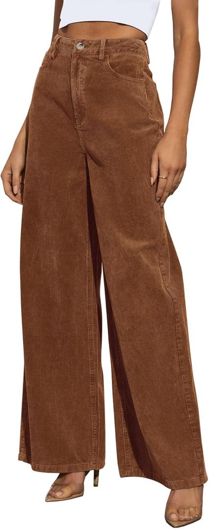 Corduroy High Waisted Wide Leg Pants for Women Dress Pants,Elastic Waist Casual Corduroy Straight Trousers (Brown, S)