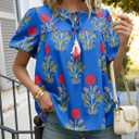 Cicy Bell Womens Boho Floral Blouses Short Puff Sleeve V Neck Babydoll Shirts Flowy Tie Front Tops Blue (L)