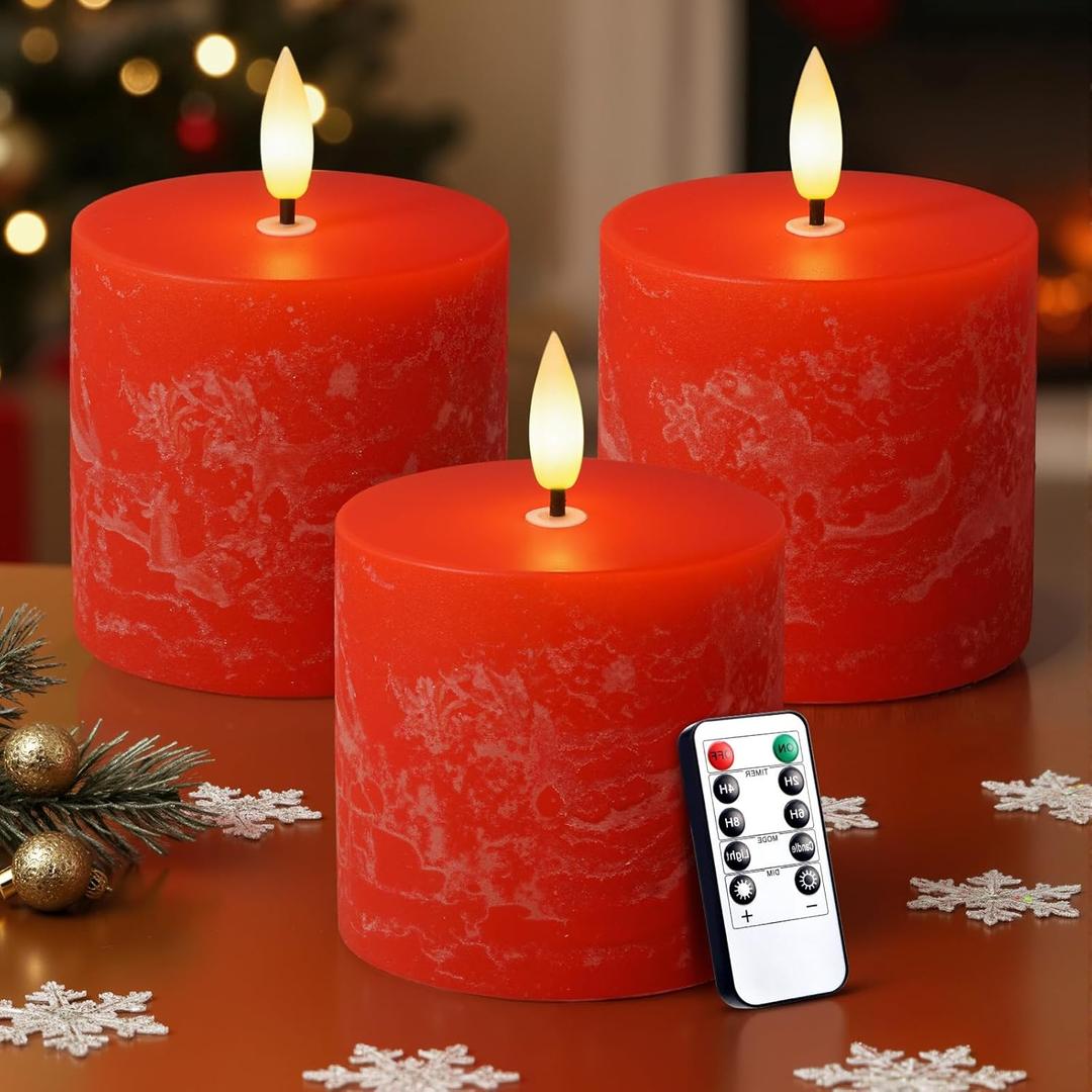 Retisee Flameless Pillar Candles Set of 3 Battery Operated Candle with Remote Control Timers Real Wax Flat Top Flickering Small LED Candles for Christmas Decorations Dinner Gift(Red,3x3 Inch)