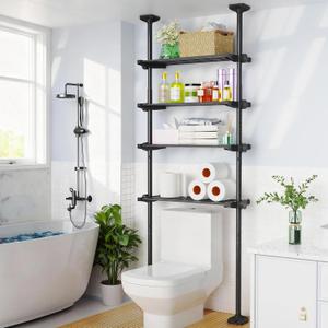 Over The Toilet Storage Shelf, 4-Tier Adjustable Over Toilet Bathroom Organizer,Tension-Mounted Bathroom Storage Rack for Ceilings, No Drill Space-Saving Shelving for Small Rooms,Black