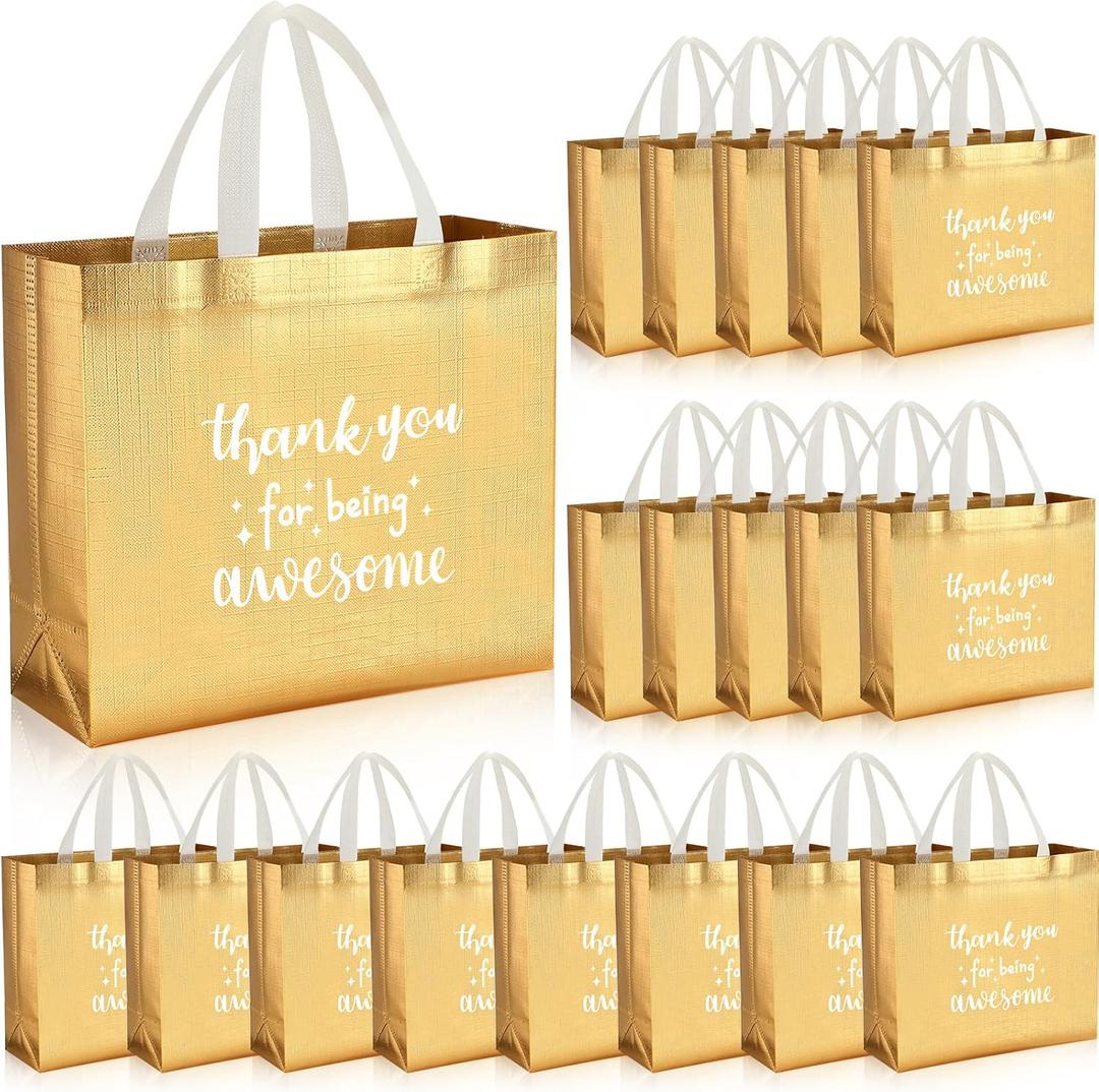 Abbylike 24 Pcs Thank You Gift Bags Bulk Employee Appreciation Gifts Bags with Handles Reusable for Valentines Day Coworker Staff, 12.2 x 11 x 4.7 Inches(Gold)