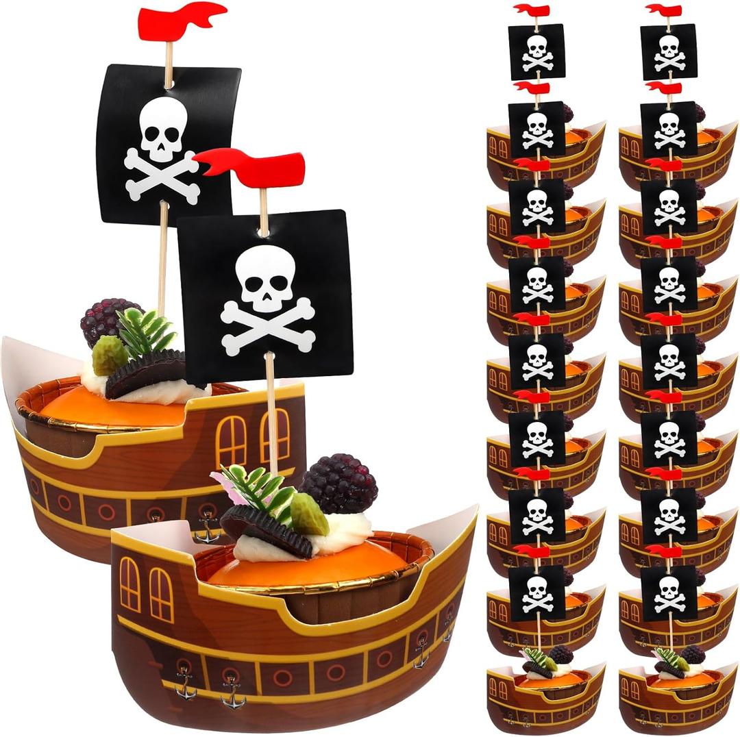 Vesici 72 Pcs Pirate Ship Cupcake Toppers Skull Cap Cupcake Picks Pirate Halloween Party Decorations for Birthday Party Cake Decorations Supplies