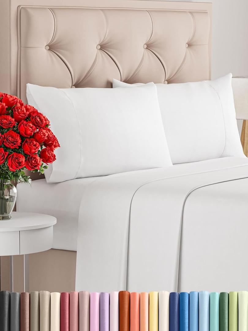 Twin 4 Piece Sheet Set - Cooling Sheets for Hot Sleepers - Hotel Luxury Bedding Set with 8-16 Inch Deep Pockets - 1 Flat & 1 Fitted and 2 Pillowcases - Ultra Soft, Easy Care and Wrinkle Free - White