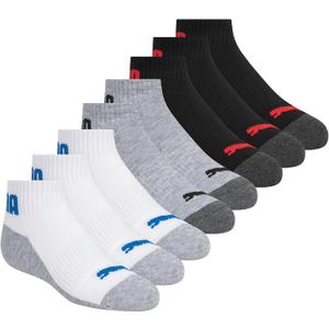 PUMA Boys' 8-pack Quarter Crew Socks, Everyday Wear for Kids, Extra Cushion & Arch Support (9-11, White/Light Heather/Black)