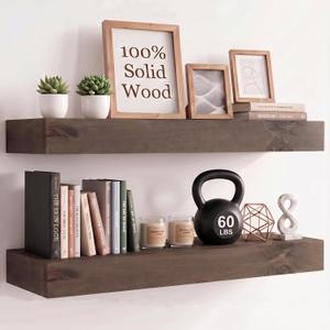 WOPITUES 48" Long Floating Shelves, 3" Thick Rustic Wall Shelves Set of 2 | Solid Wood,60LBS Max Load,Rustic Floating Shelves,Hidden bracket,Wood Shelves for Wall,Wall Mounted Shelves,Dark Walnut