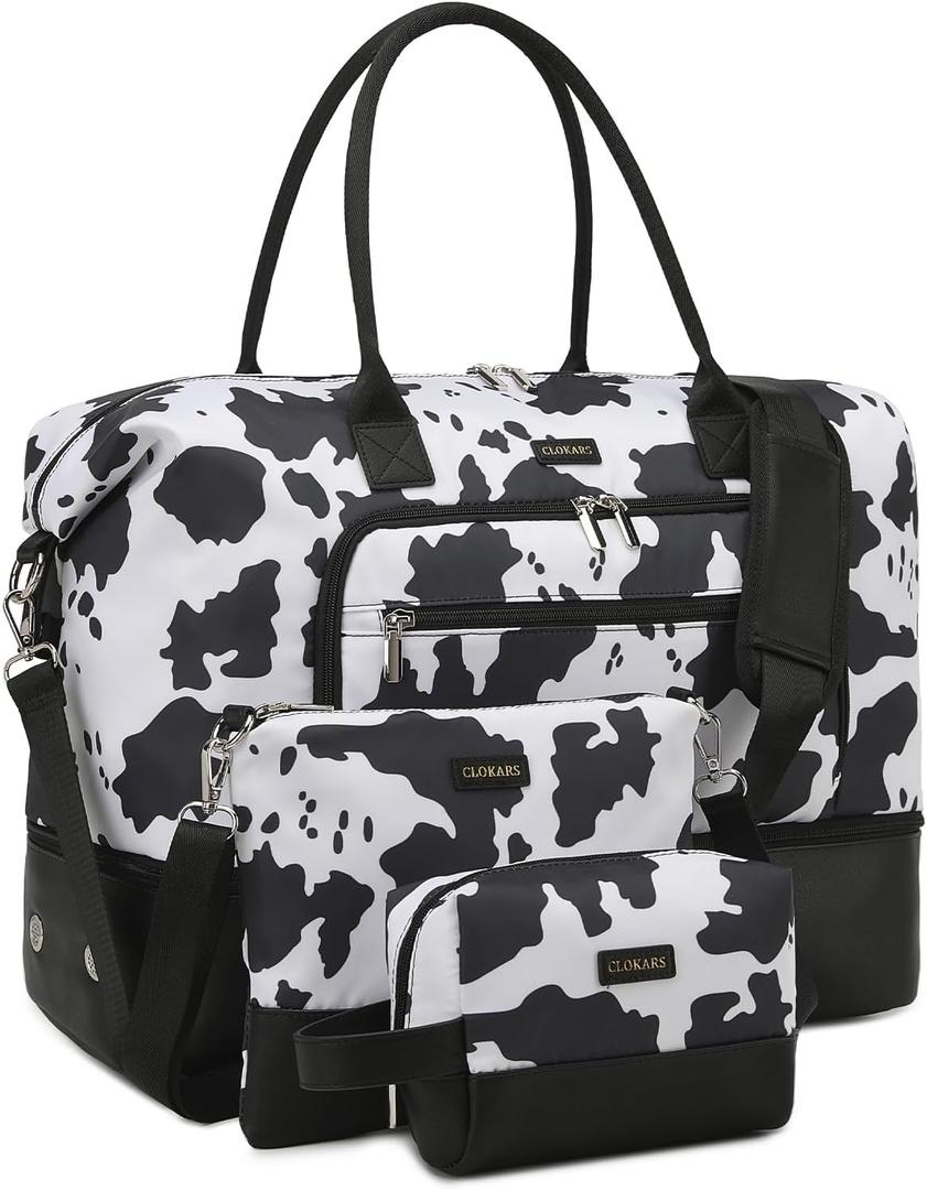 Weekender Bags for Women, Travel Duffle Bag Carry On Overnight Bag with Cosmetics Bag and Crossbody Purse for Gym Hospital, Gifts for Women, Cow Print Black (Medium)