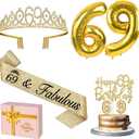 69th Birthday Decorations for Women Gold with 69th Birthday Sash and Crown, Cake Topper and Candles, Number Balloons Gold, 69 Year Old Gifts for Women
