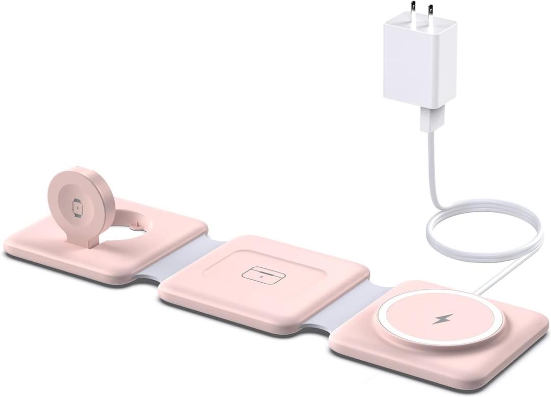 Charging Station for Apple Multiple Devices: 3 in 1 Foldable Magnetic Wireless Charger Stand - Travel Charging Dock Compatible with iPhone 16 15 14 13 12 Pro Max Plus Apple Watch AirPods (Pale-pink)