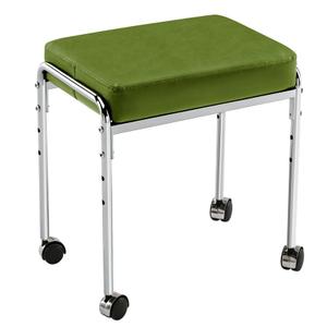 Rolling Vanity Stool, Green Faux Leather, Chrome Metal Frame, Adjustable Height, Modern Style, Rectangular Cushioned Seat with Wheels, 17x13x18 Inches, Green