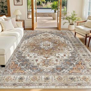 Madane 6x9 Area Rugs for Living Room, Stain Resistant Washable Rugs, Non-Slip Backing Area Rug, Vintage Home Decor Rug for Bedroom (Turmeric/Grey, 6'x9')