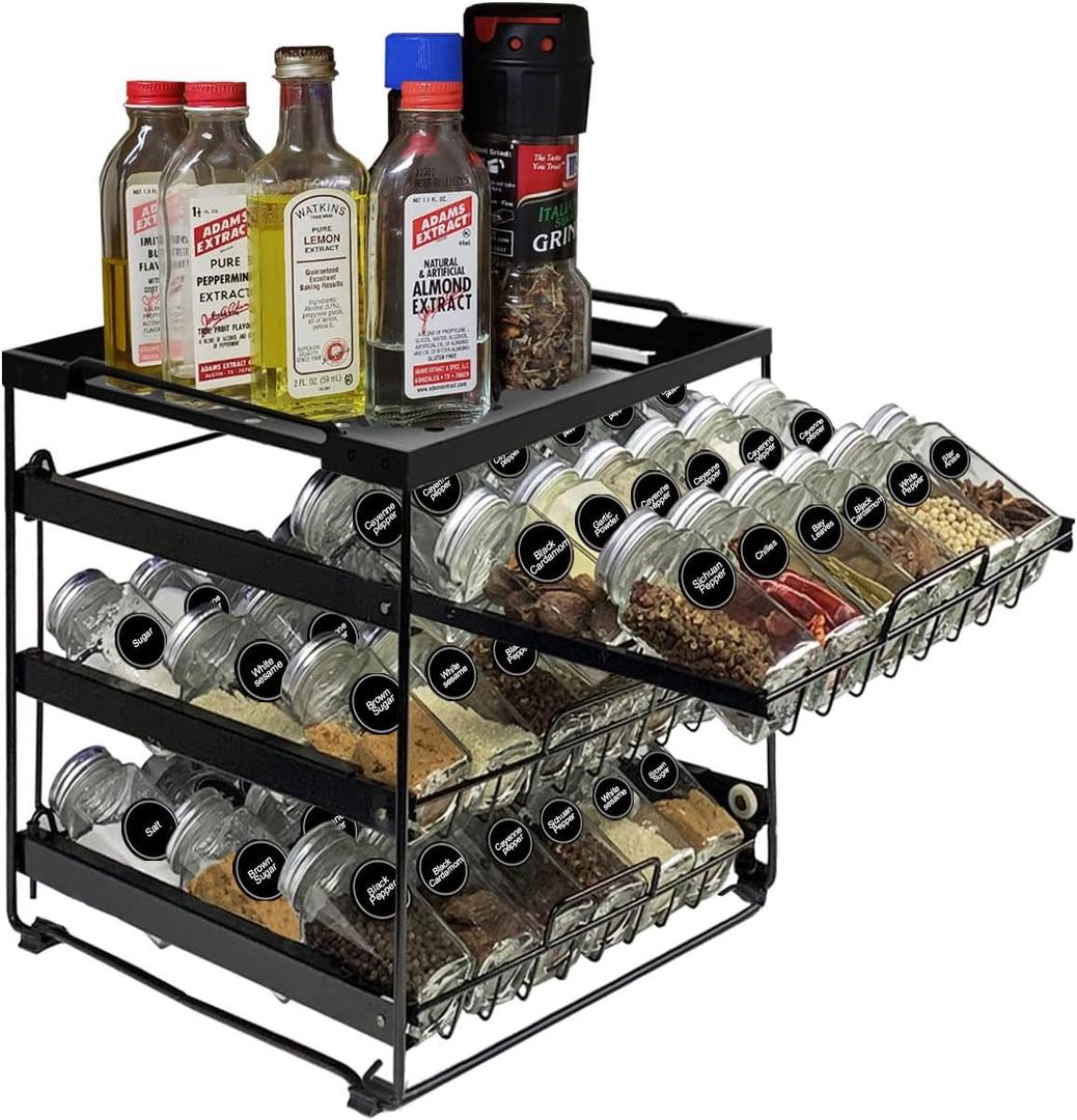 Artibear Desktop Pull Out Spice Rack Organizer for 54 Standard 4-Ounce Jars, 3-Tier Countertop Spice Holder for Kitchen, Matte Black (Jars Not Included) (3-Tier-Upgraded)