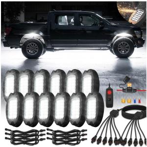 12Pods Metal All Pure White LED Rock Lights Full Kit Plug and Play&Pre Wired 6500K with Switch Wiring Harness Extension Fuse,288Chip Aluminum Waterproof Underglow 12V for Truck Pickup Jeep ATV Offroad