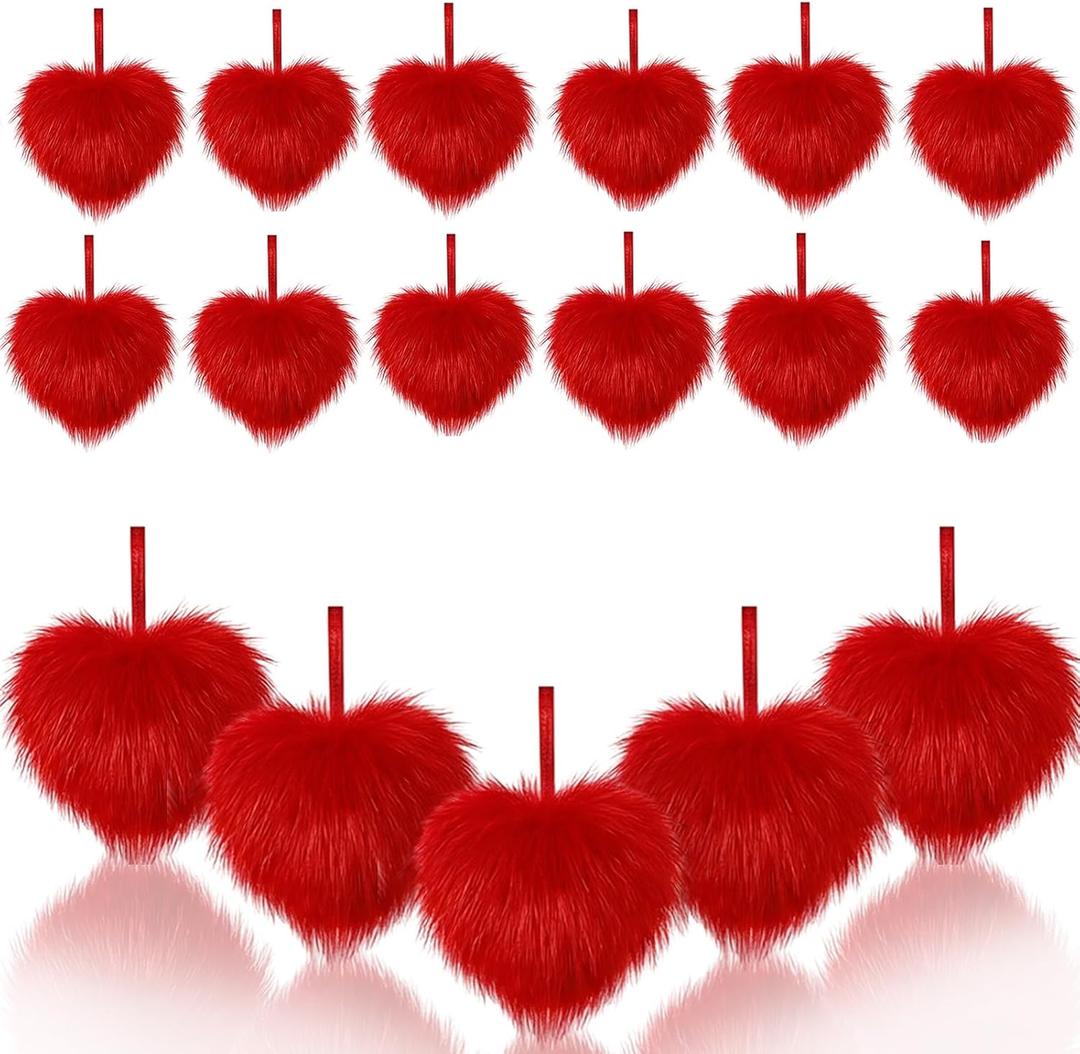 Sotiff 24 Pcs Valentine's Day Heart Ornaments Plush Red Heart Ornaments Valentine's Day Fluffy Fur Hanging Decorations for Tree Bowl Vase Filler Wedding Anniversary Party Supplies Home Decor