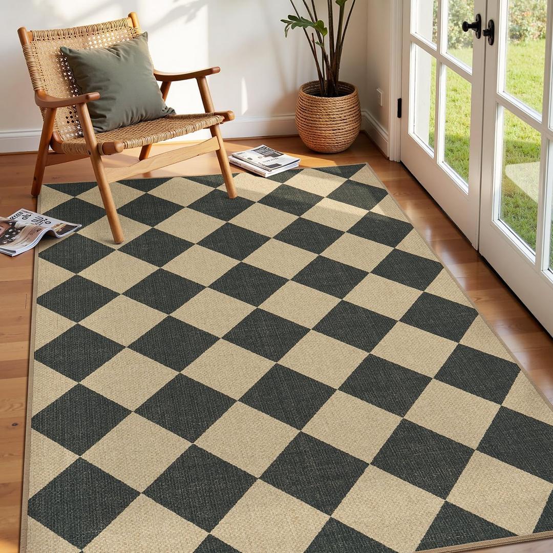 Lessymo Checkered 3x5 Outdoor Patio Rug, Washable Easy Jute Rugs for Entryway Indoor Outdoor Living Room Carpet, Farmhouse Non Slip Door Mat for Backyard Bedroom, Diamond Black/Beige (Black/Checkerboard-1)