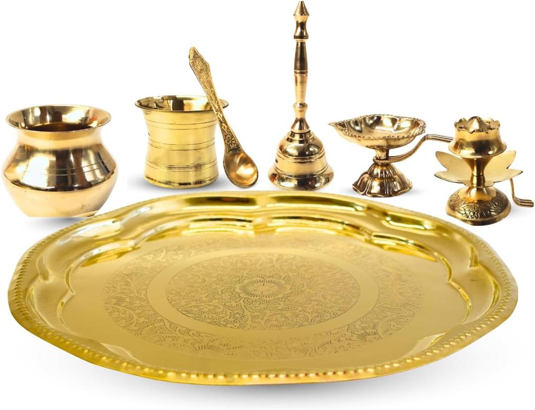Vedic Charya 11 Inch Brass Puja Thali Set Flower Shape  Set of 7 Golden Traditional Plate, Decor Indian Religious Festivals & Worship for Shivratri, Navratri, Home Mandir, Office Wedding Return Gift