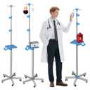 Rolling IV Pole with Tray - 2 Pack Stainless Steel 4 Hooks IV Stand with Wheels Height Adjustable for Clinic Home Care