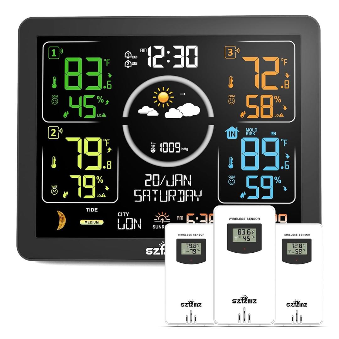 Weather Stations Wireless Indoor Outdoor Thermometer with Multiple Sensors, 7.5" VA Display Weather Forecast Station with Atomic Clock, Temperature, Humidity and Adjustable Backlight for Home