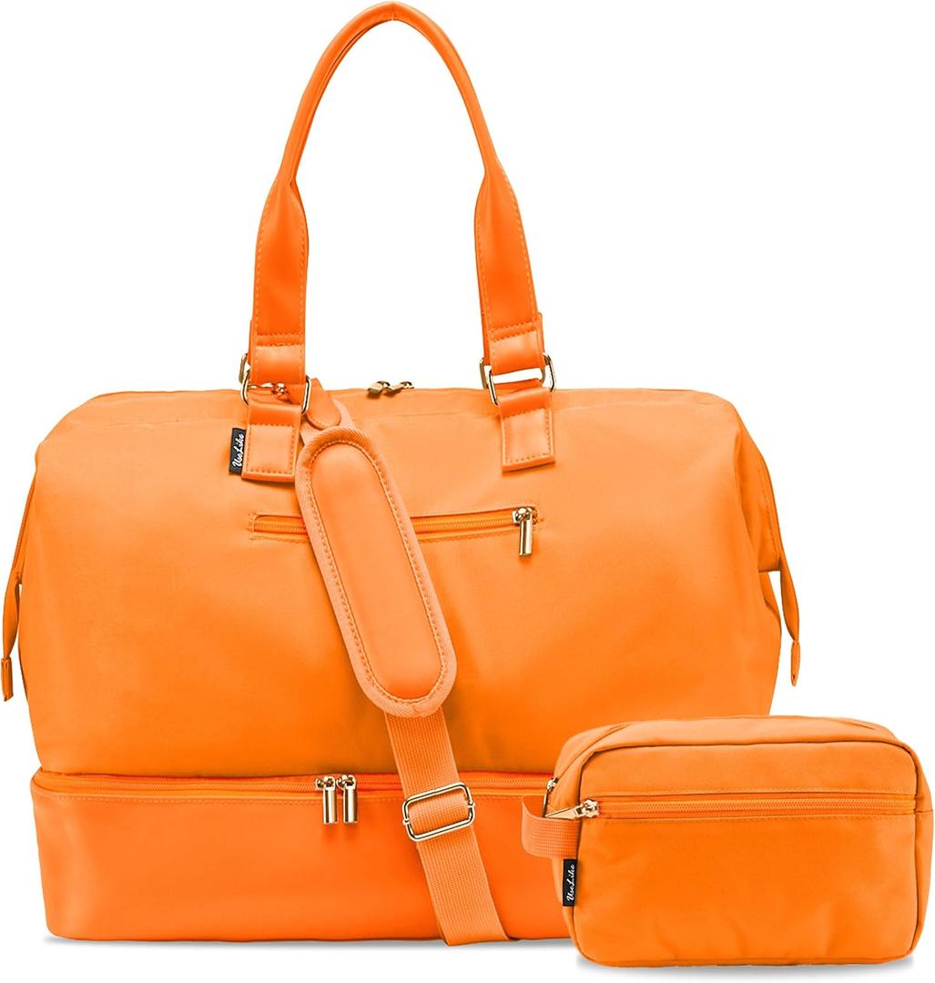 Weekender Bags for Women, Large Travel Duffel Bag with Shoes Compartment, Carry On Overnight Tote Bags with Toiletry Bag (45L, 45L-Bright Orange)