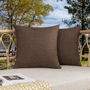 Kevin Textile Pack of 2 Outdoor Waterproof Throw Pillow Covers Decorative Farmhouse Checkered Square Solid Cushion Cases for Patio Garden Porch Sofa Brown 18x18 inch