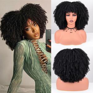 Afro Curly Wig with Bangs 12 Inches Synthetic Afro Wig for Women about 280g/Pcs Heat Resistant Black Short Kinky Curly Wigs for Daily Party