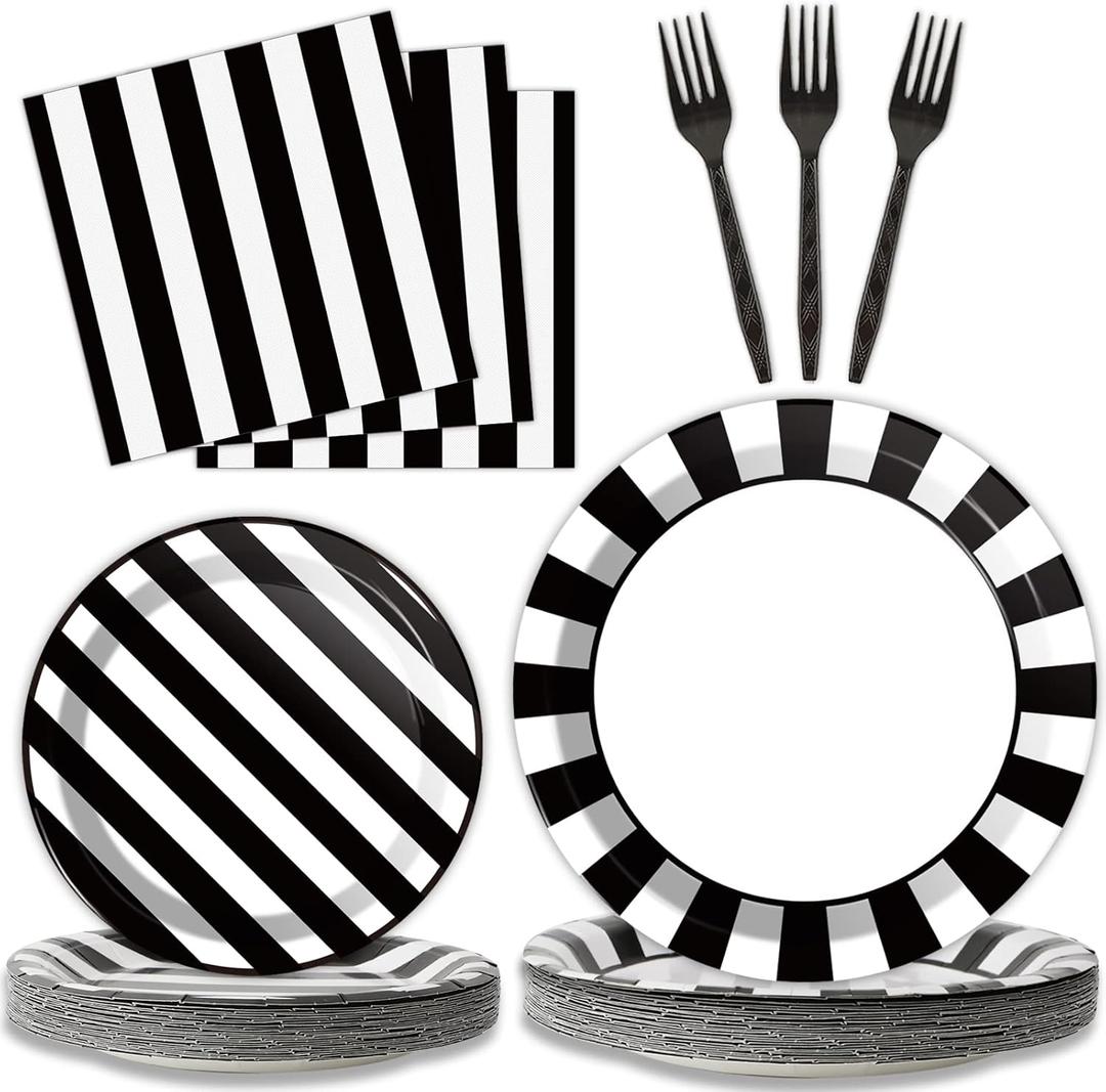 96 PCS Black and White Party Plates Napkins Striped Dinnerware Set Black and White Party Tableware Disposable Paper Plates Napkins Party Decorations Supplies Favors for 24 Guests