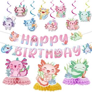 Axolotl Birthday Party Decorations - Colorful Axolotl Theme Party Decor Set, Happy Birthday Banner Honeycomb Hanging Swirls Supplies for Girls Cartoon Fun Animal Party