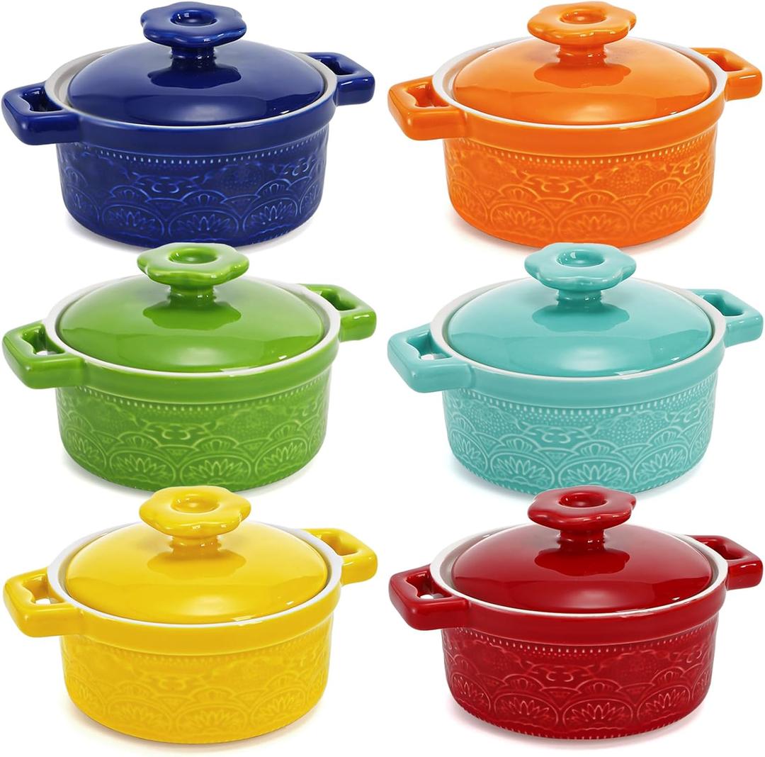 Hacaroa Set of 6 Mini Cocotte with Lid, 8 Oz Ceramic Ramekins with Handles, Small Casserole Dishes Individual Serving Pot for Baking, Souffl, Soup, Cobbler, Oven Safe, 6 Colors