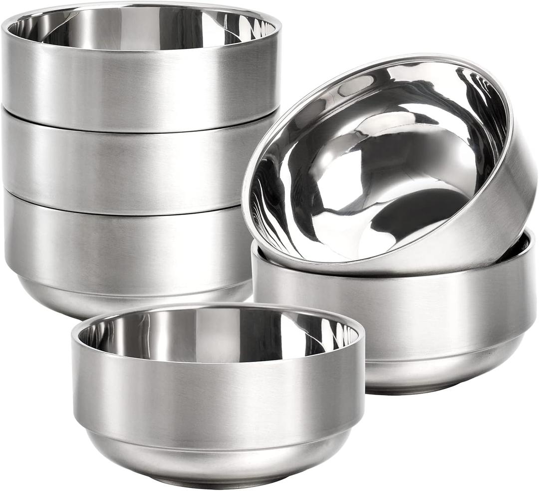 Lyellfe 6 Pack Stainless Steel Bowls, 12 Oz Double Walled Insulated Soup Bowls, 18/8 Steel Unbreakable Snack Bowl for Rice, Cereal, Ice Cream, Hot Cold Foods, Lead-free, Dishwasher Safe