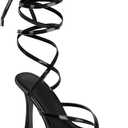 Coutgo Womens Strappy Thong Heels Sandals Sexy Lace up Wrap Ankle Strap Square Toe High Heeled Dress Summer Party Shoes (8, Black)