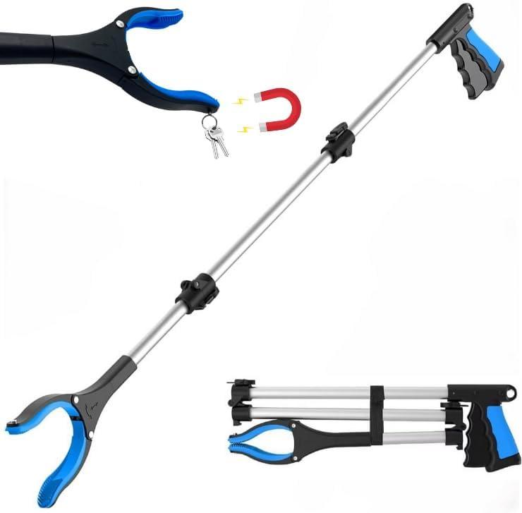 FitPlus 2024 Upgrade PowerGrip T9, Grabber Reacher Tool, Wide Jaw, Foldable, Steel Cable, with 96 Grip Points for Firm Grip, 36" with Magnet (Blue, 36 Inch)