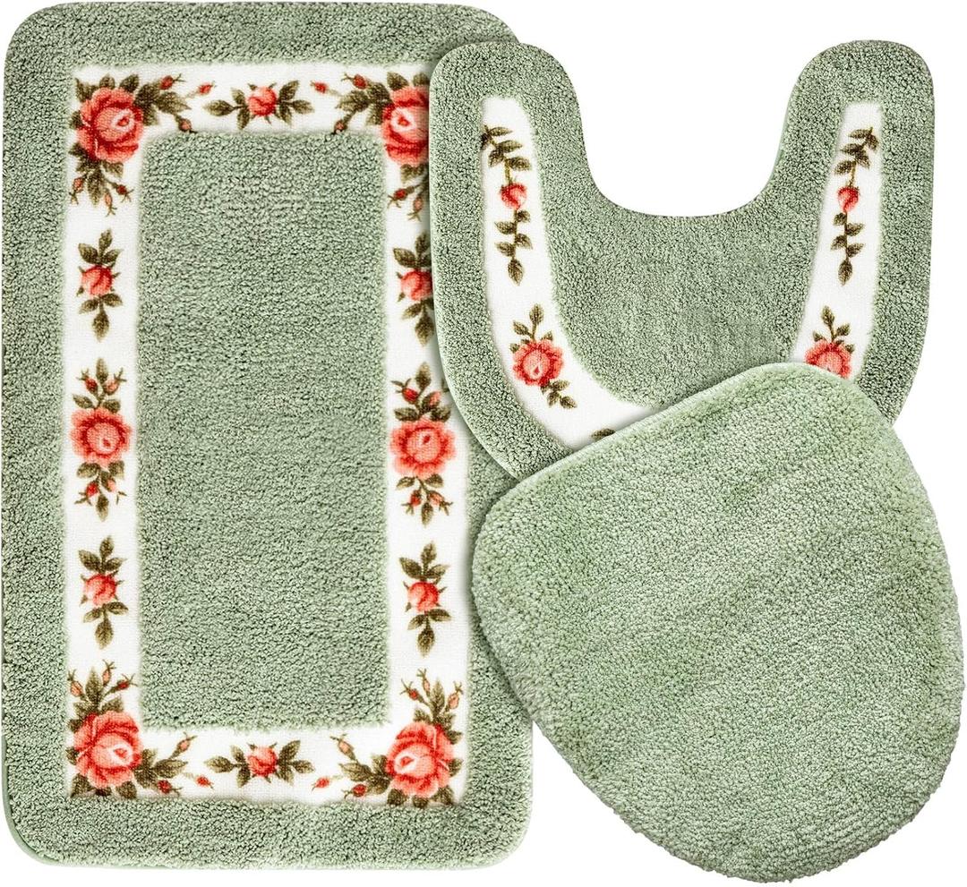 3 x Drydiet 3 Pcs Rose Flowers Bathroom Rugs Set Coquette Room Decor Floral Bath Mat U Shaped Toilet Rug Non Slip Absorbent Floral Bath Carpet (Green)